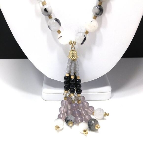 Vintage Gemstone & Glass Beaded Necklace, Tassel Pendant, 1990s - Picture 2 of 10